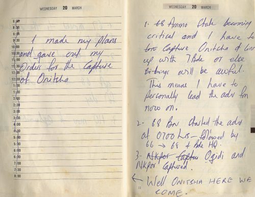 Pages from Shehu Musa Yar’Adua’s Personal Diary Detailing Military Operations Leading to the Capture of Onitsha (Wednesday March 20, 1968)