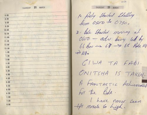 Pages from Shehu Musa Yar’Adua’s Personal Diary Detailing Military Operations Leading to the Capture of Onitsha (Thursday March 21, 1968)