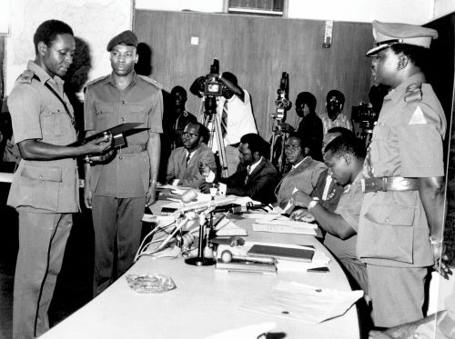 Shehu Musa Yar’Adua (first from left) being sworn in as Commissioner for Transport following his promotion to the rank of Brigadier General, with Generals Tunde Idiagbon, Murtala Mohammed, and Olusegun Obasanjo.