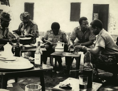 Generals Duba, Mayaki, Babangida and Remawa, field officers of the Second Division sharing a casual meal and a moment of discussion during a respite from active civil war operations