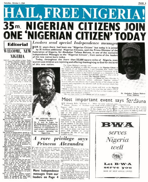 Newspaper Coverage Marking the Attainment of Nigeria’s Independence on Saturday, 1 October 1960.