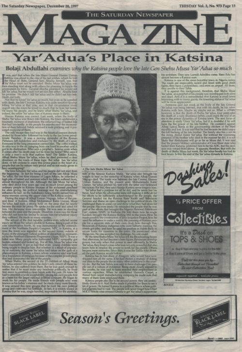 Newspaper headline reporting the death of Shehu Musa Yar’Adua