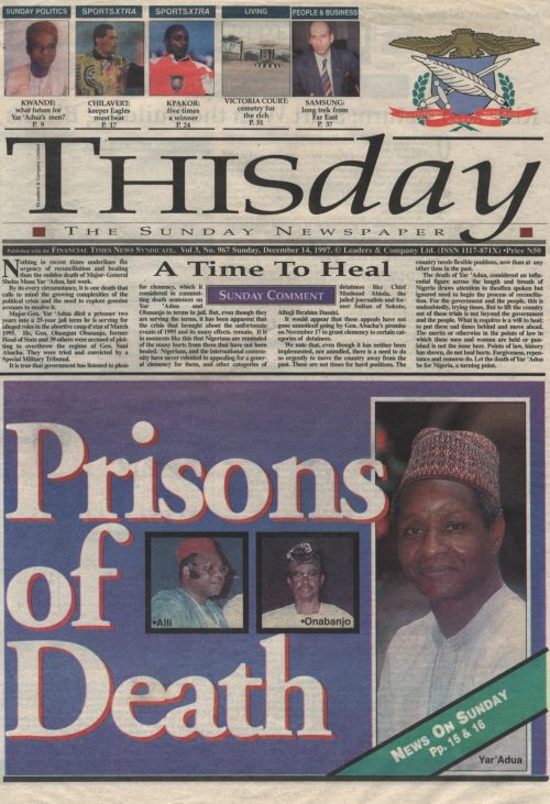 Newspaper headline reporting the death of Shehu Musa Yar’Adua