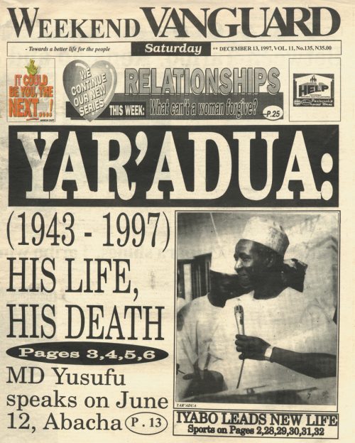 Newspaper headline reporting the death of Shehu Musa Yar’Adua