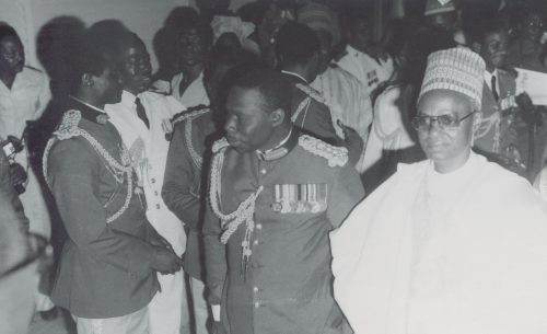 Shehu Musa Yar’Adua (Left) with General Obasanjo and Alhaji Shehu Shagari during the Handover Ceremony of October 1, 1979