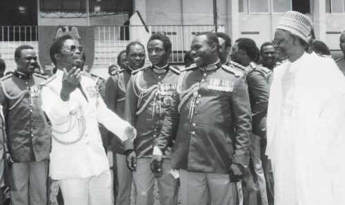 (L-R):Chief of Naval Staff Vice Admiral Michael Adelanwa, Major General Shehu Musa Yar’Adua, General Olusegun Obasanjo, and President-elect Alhaji Shehu Shagari during the historic transition to civilian rule, October 1, 1979