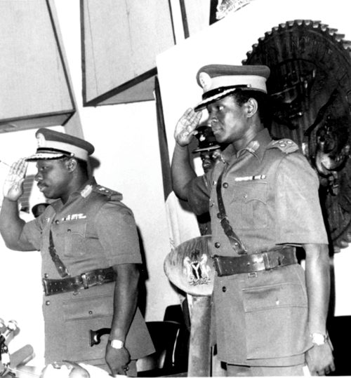 Shehu Musa Yar’Adua (right) with General Obasanjo on assumption of office as Chief of Staff, Supreme Headquarters