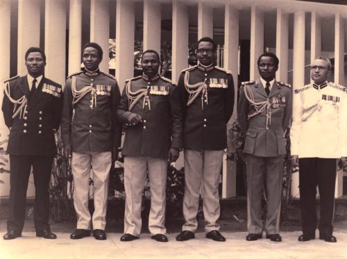 The Supreme Military Council Leadership (L–R): Vice Admiral Michael Adelanwa (Chief of Naval Staff), Major General Shehu Musa Yar’Adua (Chief of Staff, Supreme Headquarters), General Olusegun Obasanjo (Head of State), Lieutenant General T.Y. Danjuma (Chief of Army Staff), Air Vice Marshal John Yisa-Doko (Chief of Air Staff), and M.D. Yusuf (Inspector General of Police)