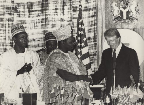 Shehu Musa Yar’Adua (Left) with Gen. Olusegun Obasanjo and Jimmy Carter, President United States of America