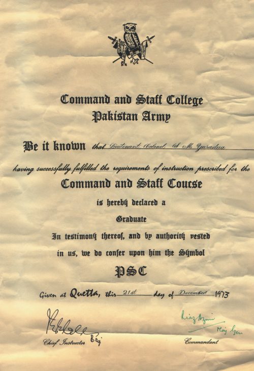Certificate from Command and Staff College, Pakistan Army