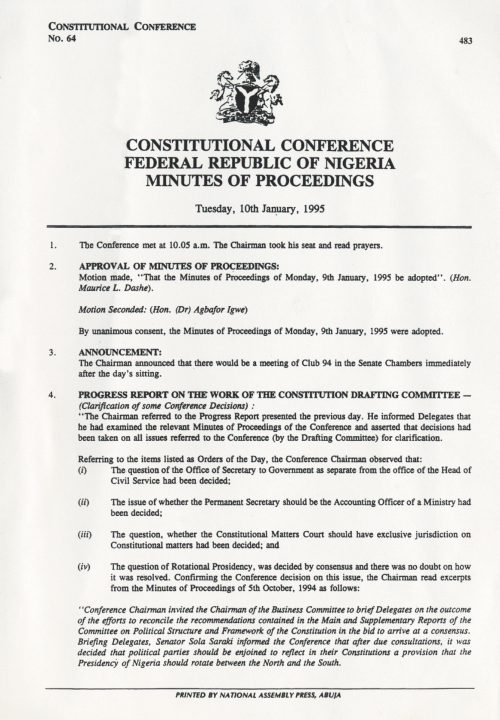 Document on proceedings during the National Constitutional Conference, 1994