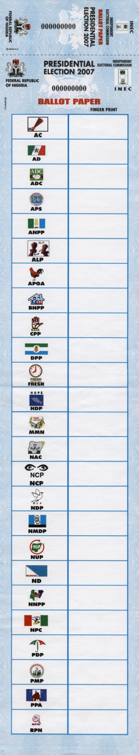 Ballot Paper Used in Nigeria’s 1999 Presidential Election
