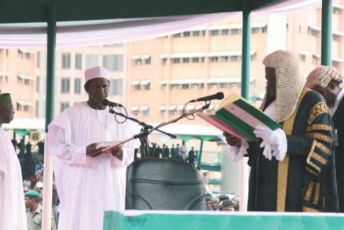 (L-R): His Excellency Umaru Musa Yar’Adua taking the oath of office. Eagle Square, Abuja | May 29, 2007