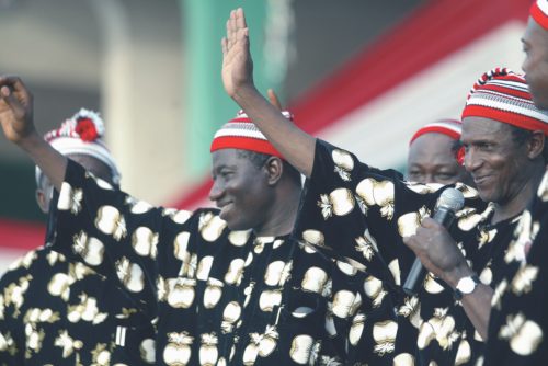 His Excellency Umaru Musa Yar’Adua (right) alongside his vice-presidential running mate, Goodluck Ebele Jonathan, at a campaign rally
