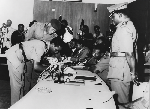 Shehu Musa Yar’Adua (first from left) being sworn in as Commissioner for Transport following his promotion to the rank of Brigadier General, with Generals Tunde Idiagbon, Murtala Mohammed, and Olusegun Obasanjo