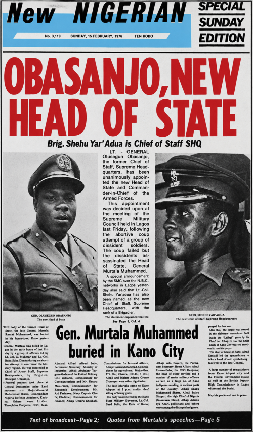 Front Page of the New Nigerian Newspaper Reporting the Appointment of General Olusegun Obasanjo as Head of State and Brigadier Shehu Musa Yar’Adua as Chief of Staff, Supreme Headquarters, Following the Failed Coup Attempt of 13 February 1976
