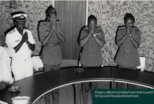 Shehu Musa Yar’Adua (first from right) during a Federal Executive Council meeting as prayers were offered for General Murtala Mohammed following his assassination during the failed coup attempt of 13 February 1976