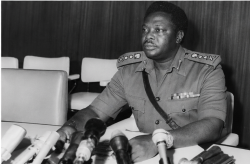 General Murtala Mohammed addressing the press shortly after assuming office as Head of State following the bloodless coup of 29 July 1975
